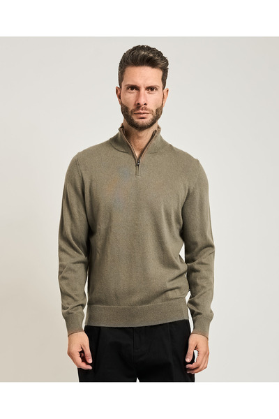 BOSS Men's Regular Fit Wool-Cashmere Blend Half Zip Mock Neck Pack Khaki Sweater 50549984-245
