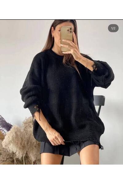 Cannes Oversized Ripped Detailed Knitwear Sweater Black