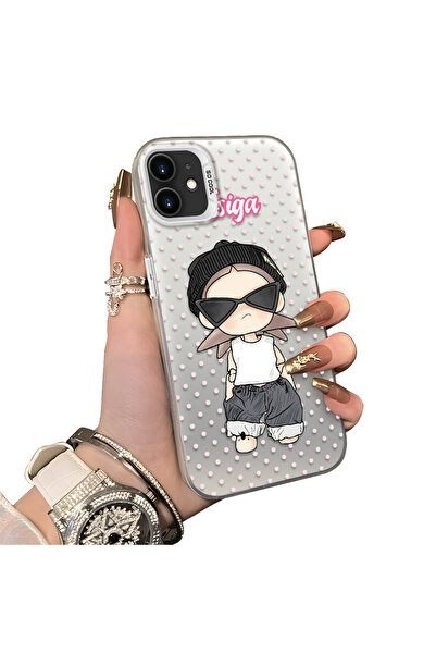 ucuc iPhone 11 Compatible Silicone Edge Acrylic Back Trendy Girl Protective Case