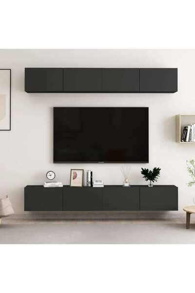 vidaxl خزائن تلفزيون، 4 قطع، أسود، 100×30×30 سم، خشب هندسي