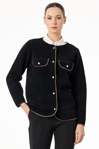 Tığ Triko Chain Detailed Chenille Knitwear Jacket Black
