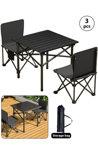 Leon Lifestyle طقم طاولة وكراسي قابلة للطي، مكون من 3 قطع، أثاث تخييم خارجي، أسود