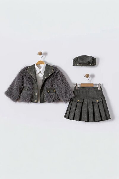 Minigimin Cicileri Set pentru fetiță cu jachetă cu blană, fustă plisată și pă...