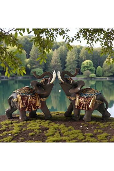 VDT STORE Lüks Nakış İşlemeli Feng Shui 2’li Fil Heykeli Şans & Bereket Sembo...