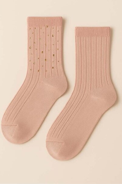 BONY SOCKS Дамски вълнени чорапи с релефна текстура и камъчета, розови