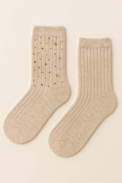 BONY SOCKS Дамски вълнени чорапи с релефна текстура и камъчета в цвят екрю