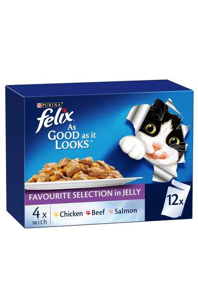 Felix لذيذ كما يبدو، تشكيلة مختارة من أطعمة القطط الهلامية المفضلة (دجاج، لحم بقري، وسمك سلمون)