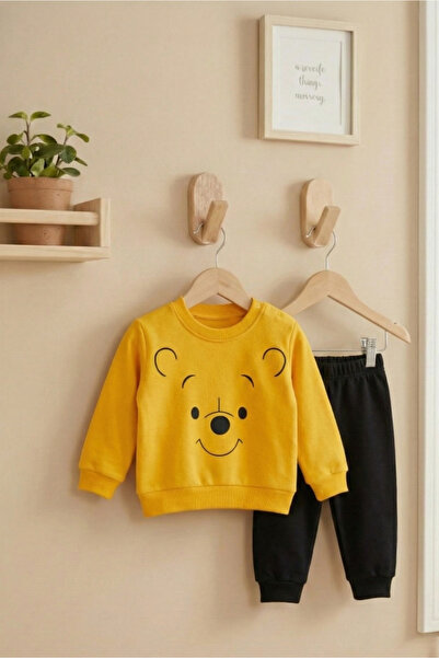 Bebişto 100% Cotton 2 Thread Yellow and Black Baby Tracksuit Set with Cute Wi...
