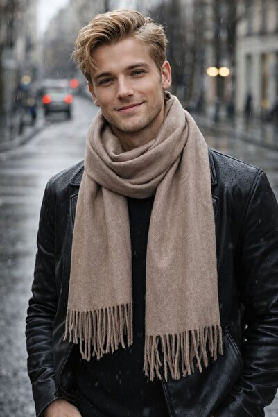 FELLMENS Beige Wool Cashmere Tasseled Men's Scarf 180X33 cm