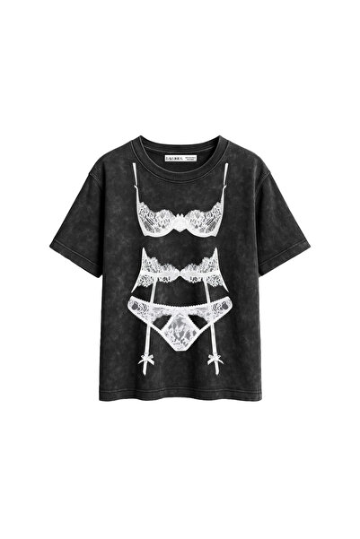 CİNEMA MODA Luck You cu imprimeu croi relaxat Negru lavabil pentru femei tricou