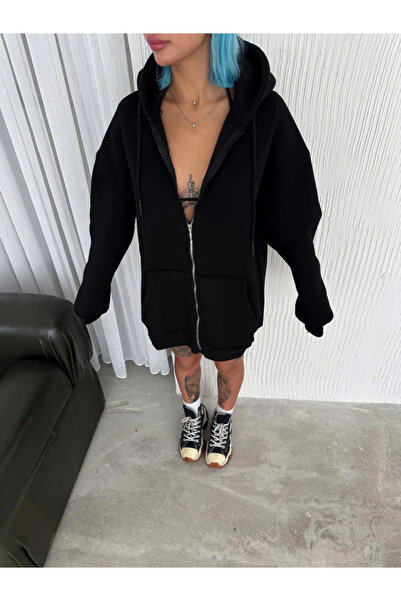 FRESCO SCARFS Oversize Full Zip Long Sleeve Cardigan - Black