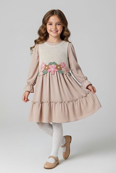 Minigimin Cicileri My Little Girl's Long Sleeve Dress with Flower Appliques -...