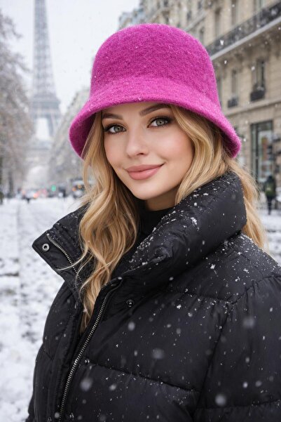 FELLMENS Fuchsia Felt Buttoned Plush Bucket Women's Hat