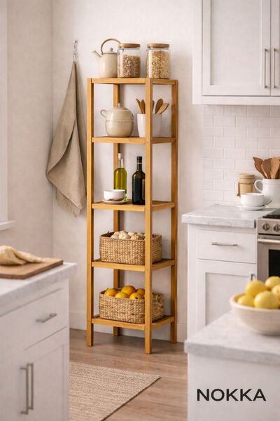 NOKKA 5 Kat Bambu Dekoratif Raf, Banyo Rafı, Mutfak Rafı 145 x 36 cm