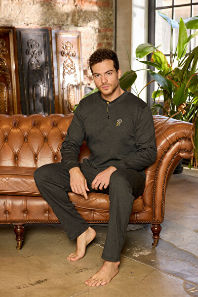 moda paketi Men's Button-Down Collar Long Sleeve Pajama Set – Relaxed Fit, Soft Textured Loungewear