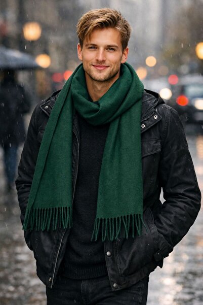 FELLMENS Green Wool Cashmere Tassel Men's Scarf 180X33 cm