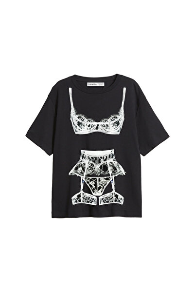 CİNEMA MODA Valentine cu imprimeu croi relaxat Femeie neagră tricou