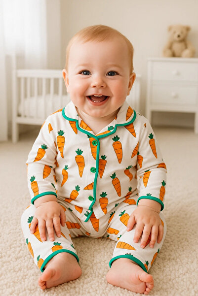 hümabebe Carrot Pattern Front Buttoned Edges Piped 2-Piece Pajama Set