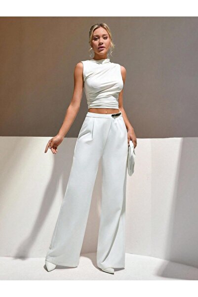 ROAVA Women's High-Waisted Wide-Leg Comfortable Fit Textured Soft Pants White