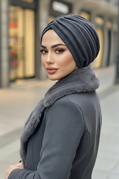 Aişe tesettür Antrasit Triko Büzgülü Salaş Bone