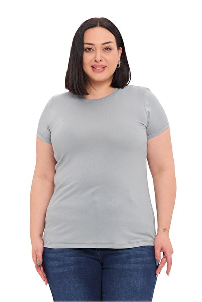 DISENTIS MODEST Plus Size Crew Neck Short Sleeve Viscose Light Gray Bodysuit