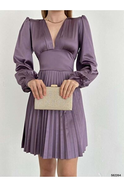 Modafeminen V-Neck Satin, Skirt Pleated Detail Mini Dress 582264 Purple