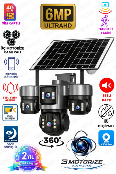 Venas Sim Kartlı Üç Motorize Kameralı Siren Alarmlı Güneş Panelli Gece Görüşl...