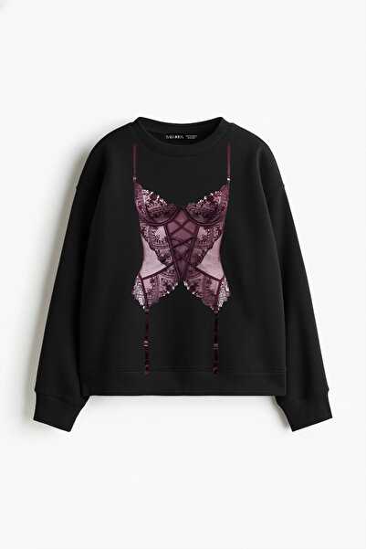 Sokak Butik Mulberry Printed Hoodless Relaxed Fit Women's Black Sweatshirt