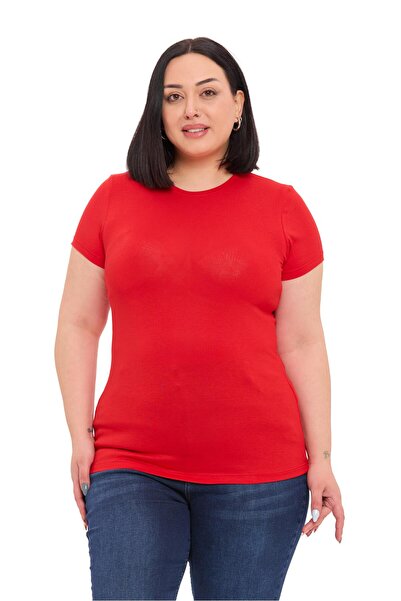 DISENTIS MODEST Plus Size Crew Neck Short Sleeve Viscose Red Bodysuit
