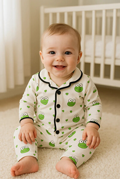 hümabebe طقم بيجامة مكون من قطعتين من Frog Faces مطبوع بأزرار أمامية وحواف حو...