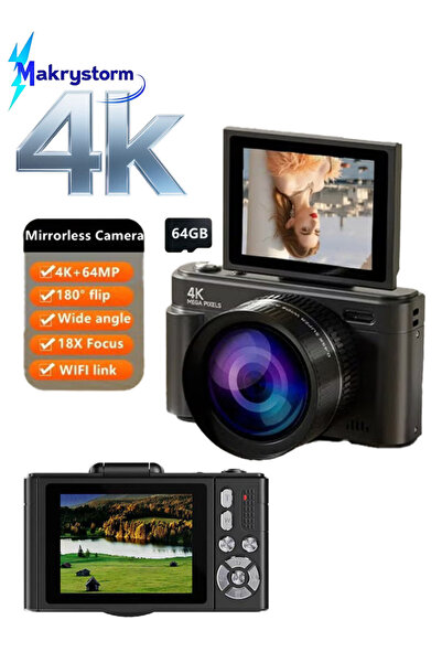 Makrystorm كاميرا رقمية للتصوير بدقة 4K، دقة 64 ميجابكسل UHD، ضبط تلقائي للصورة، شاشة قابلة للطي 180 درجة، تكبير بصري 18x مع عدسة ماكرو واسعة الزاوية