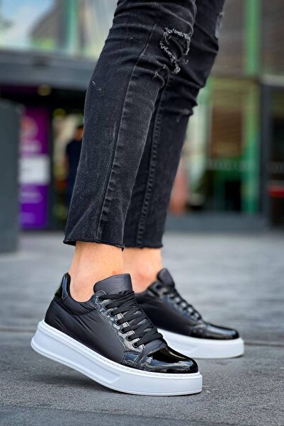 Zapatos Kb-X46 Men's Casual Lace-Up Parachute Fabric Patent Leather Sports Sneaker Shoes Pkrbt - Black