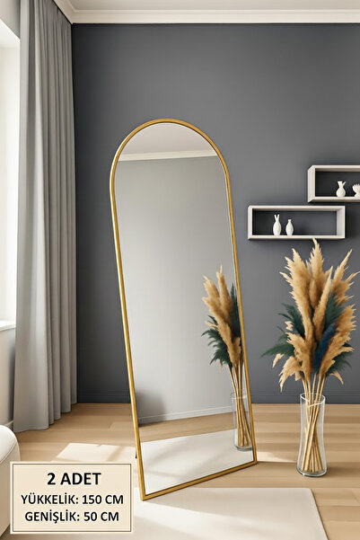 EVONİTA Gold Kemerli Ayaklı Boy Aynası 150x50 cm Altın Metal Çerçeveli Dekoratif Ayna 2 Adet