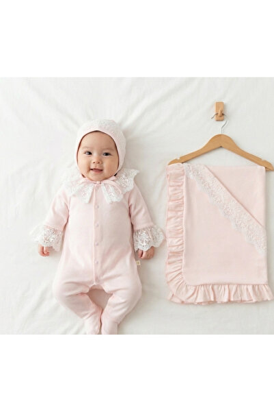 LisaLoom Fırfır-Dantelli %100 Pamuk Kız Bebek 3’lü Hastane Çıkış Seti Fırfır-...
