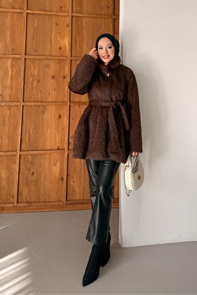 Rimel Moda Angora Coat with Brooch Buttons Brown