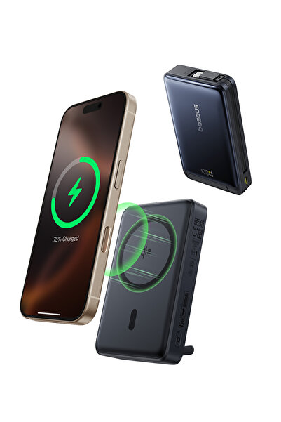 Baseus Nomos 3'ü 1 arada 10000mAh Power Bank - Qi2 15W Kablosuz 45W Dahili Hızlı Şarj Kablolu, Siyah