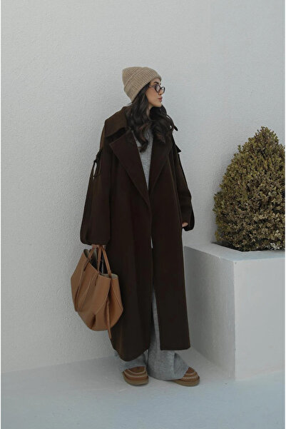 Julidress Oversized (Bol) Lined Premium Long Cashmere Coat with Coffee Belted Sleeves Detail
