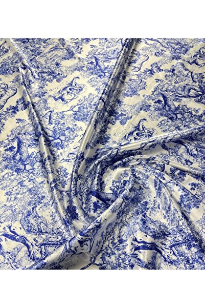 WHOTEX Krem Zemin Mavi Desenli Likralı Saten Kumaş