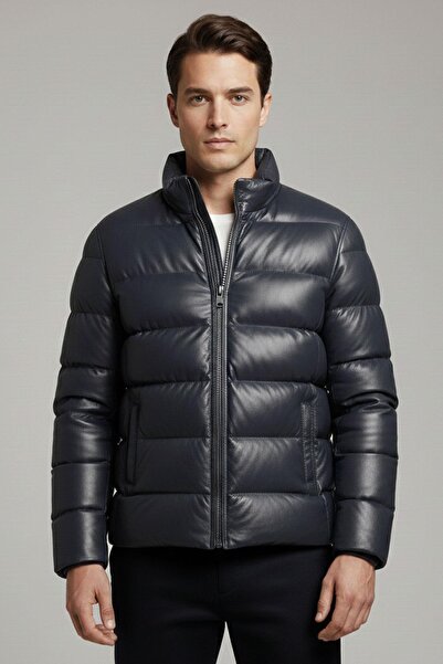 Deriderim Klaus Navy Blue Hakimyaka Puffer Genuine Leather Men's Jacket