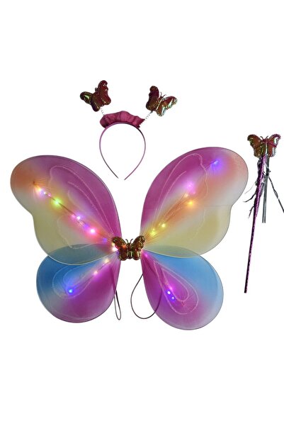 Beryka LED Işıklı Gökkuşağı Kelebek Kanat Kostüm Seti – Taç ve Asa Hediyeli |...