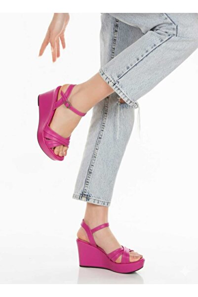 AYDOĞDU by ünal Fuchsia Summer Wedge Heeled Cross Strap Women's Shoes -520
