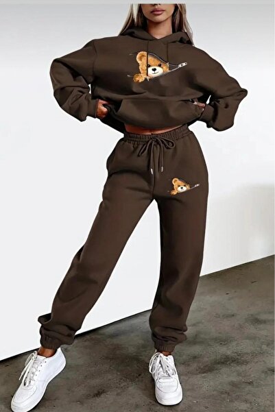 CAST COLLECTİON Set de trening cu glugă Bear cu imprimeu maro cu fermoar pent...