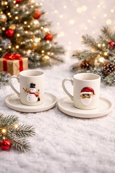 YzHome 2 Person Porcelain New Year's Metal Figured Coffee Cup Set New Year's Gift 90ml