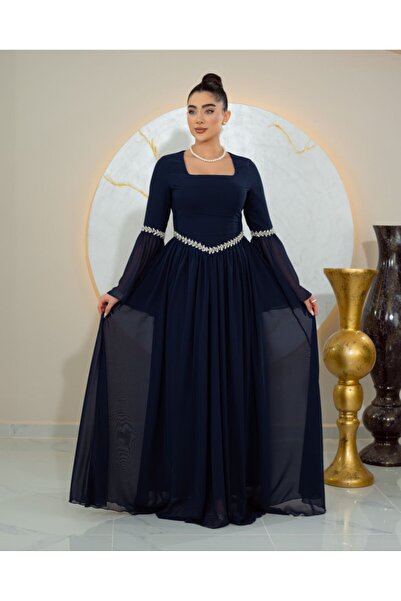 Matik Abiyem İnci Detaylı Şifon Kol Tasarımlı Uzun Lacivert Abiye Elbise