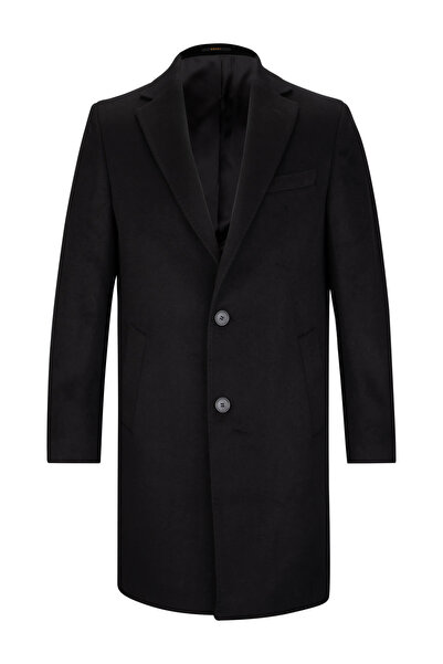 SAYKI Siyah Slim Fit Ceket Yaka Yünlü Kaşe Palto