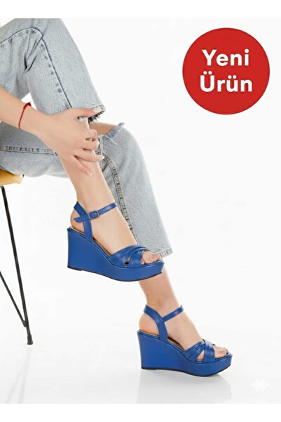 AYDOĞDU by ünal Cobalt Blue Summer Wedge Heeled Cross Strap Women's Shoes -520
