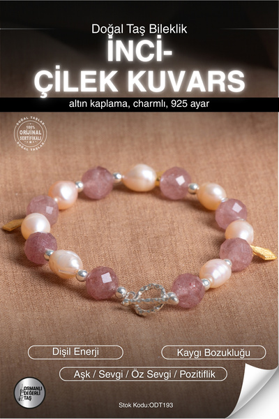 OSMANLI DEĞERLİ TAŞ SERTİFİKALI İnci-Çilek Kuvars Doğal Taş Altın Kaplama Cha...