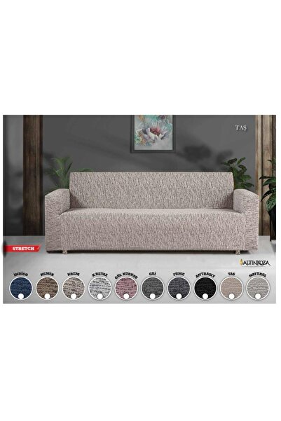 Bella Home Altınkoza Çekyat Stil Strech Koltuk Örtüsü (3+3) - Likralı - Lastikli - Oturma Grubu Taş