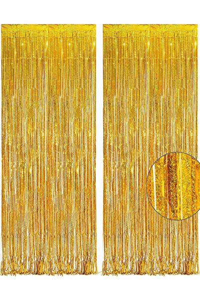 Generic Pack Of 2 Party Gold Foil Curtains 100 x250cm Party Backdrop Tinsel C...
