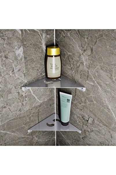 APM Paslanmaz Çelik 2 Katlı Köşe Banyo Rafı – Lale Model 16,3x16,3 cm - Yapıştırmalı & Vidalı Montaj